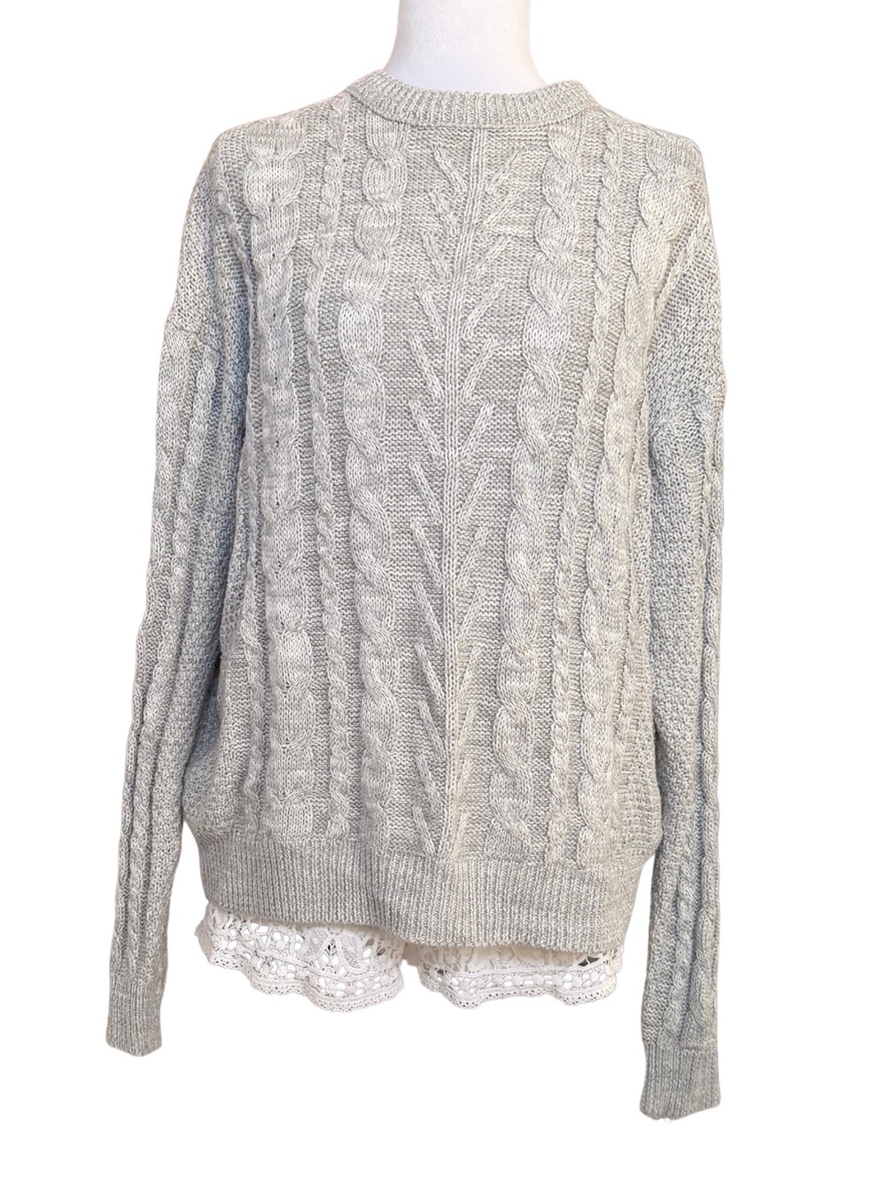 Cable Knit Crewneck Cottagecore Sweater by Pull&Bear Light Grey size L
